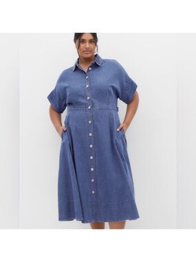 City Chic Washed Indigo Button-Front Pockets Midi Dress Size 16 | Denim Look NWT